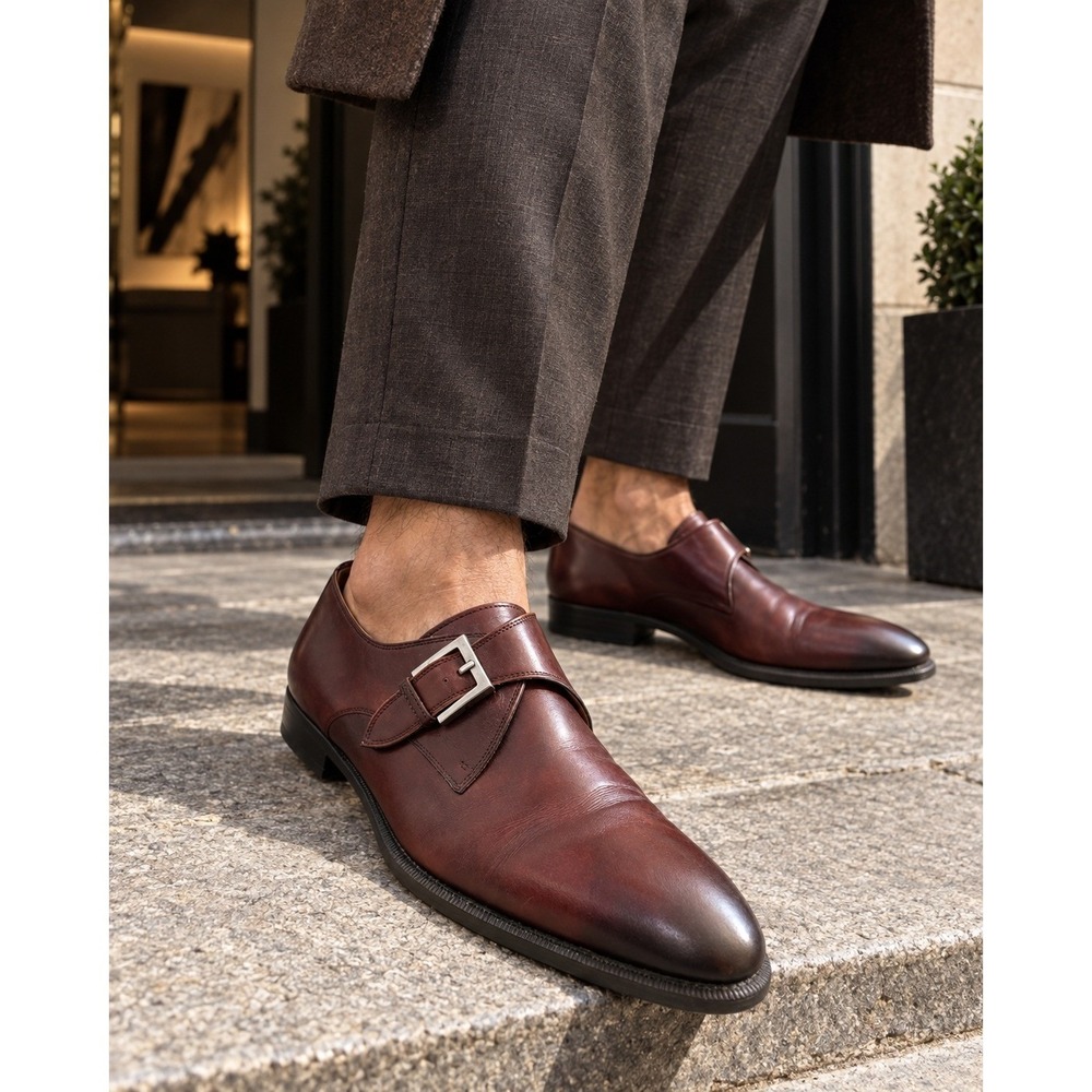 Magnanni Marco 22400 Brandy Mahogany Leather Single Monk Strap Shoes 10.5 M
